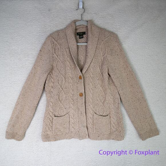 Eddie Bauer Chunky Cable Knit Lambs Wool cotton blend Cardigan Sweater, size‎ L - Picture 1 of 15